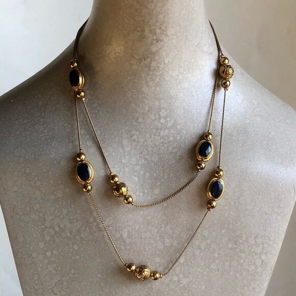Vintage Korea Stamped Layered Gold-Tone Faux Blue Stone Gold Beads Necklace - Picture 1 of 7